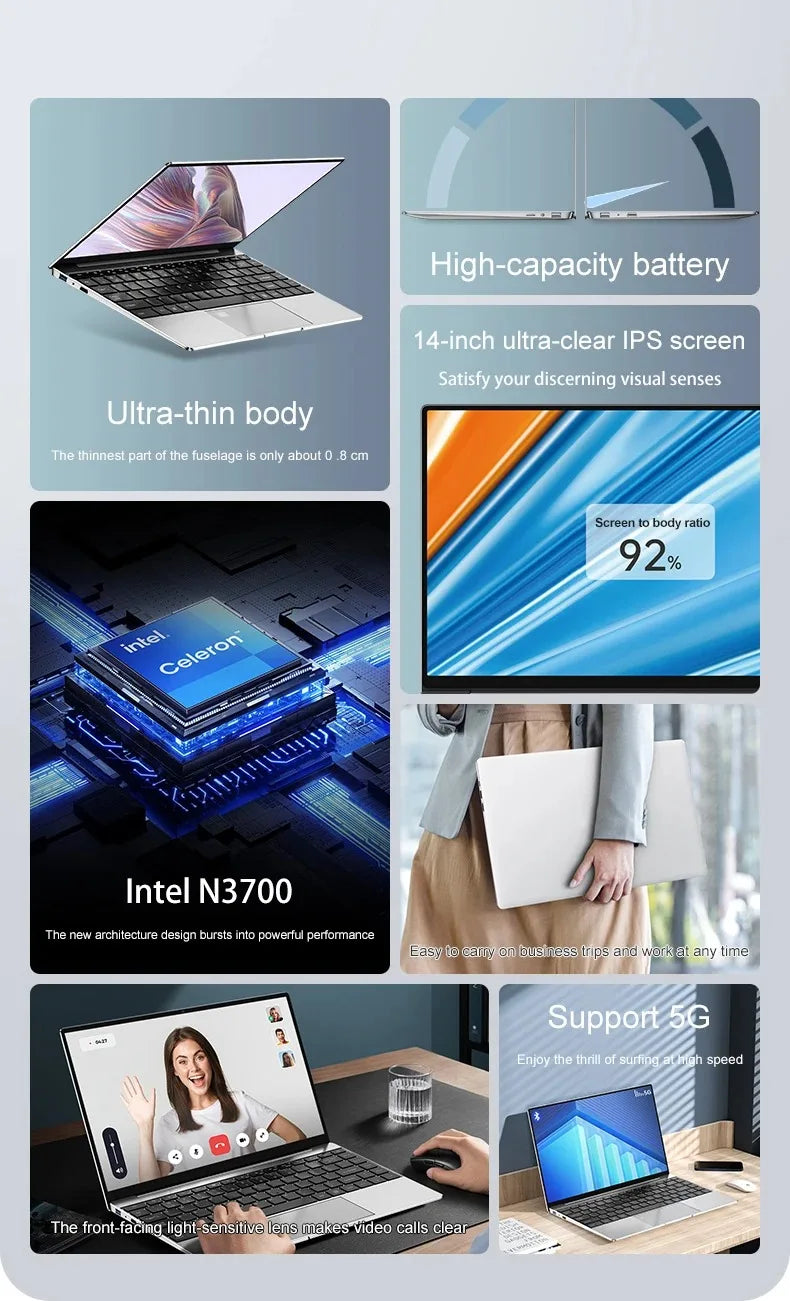 Ultra Slim Laptop 14.1" 16GB RAM 2TB SSD Intel N3700 Gaming PC 1920*1080 Display Office Study Computer PC Windows 11 Pro