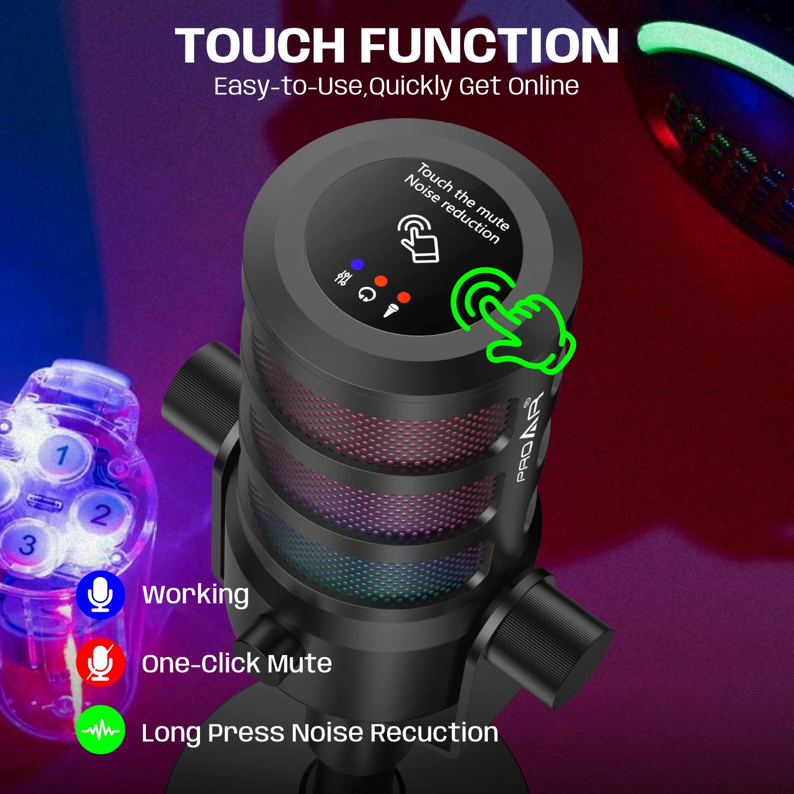 Pod Professional USB Desktop Condenser Gaming Microphone Touch Screen Ring Light Noise Canceling Portable Sound Card for Studio
