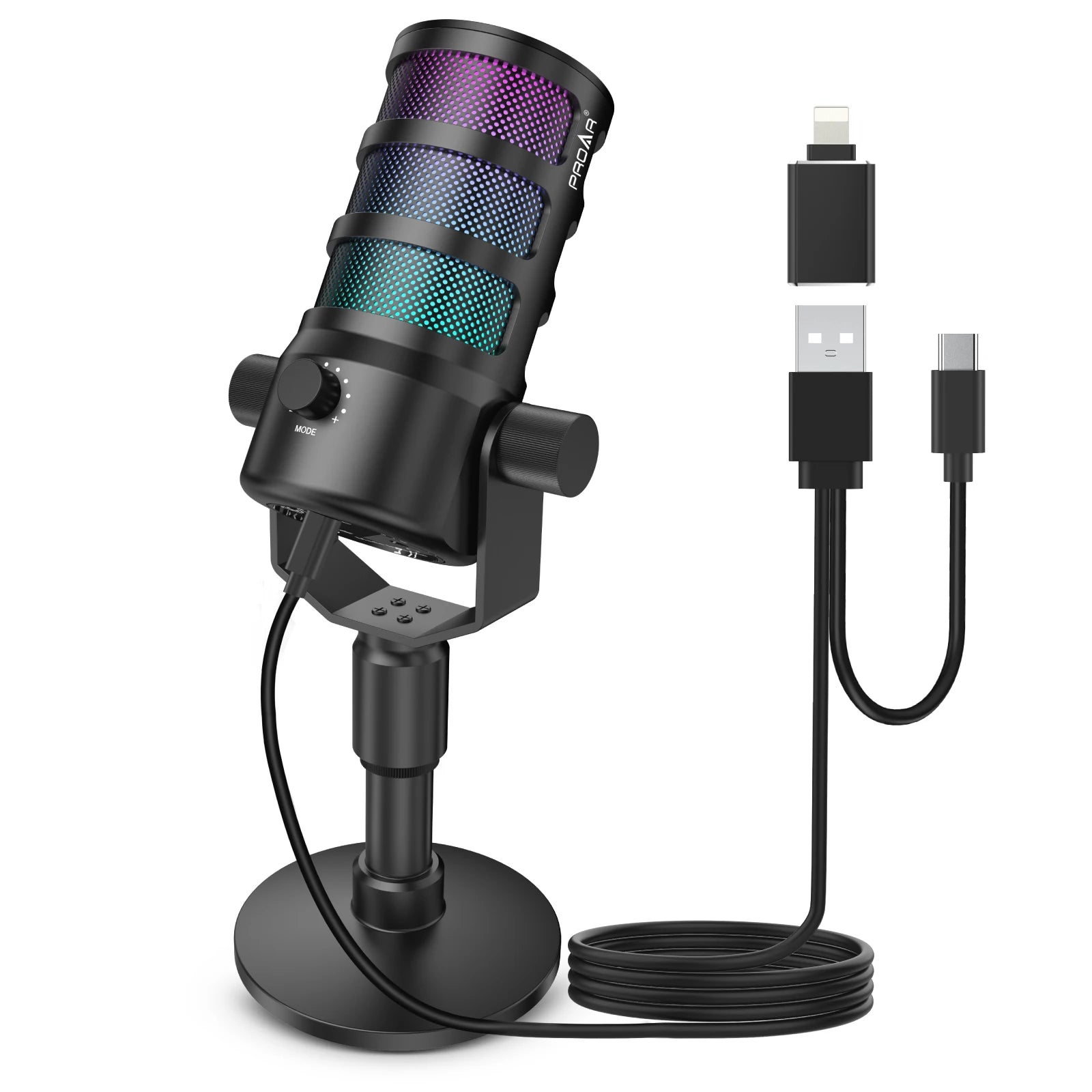 Pod Professional USB Desktop Condenser Gaming Microphone Touch Screen Ring Light Noise Canceling Portable Sound Card for Studio