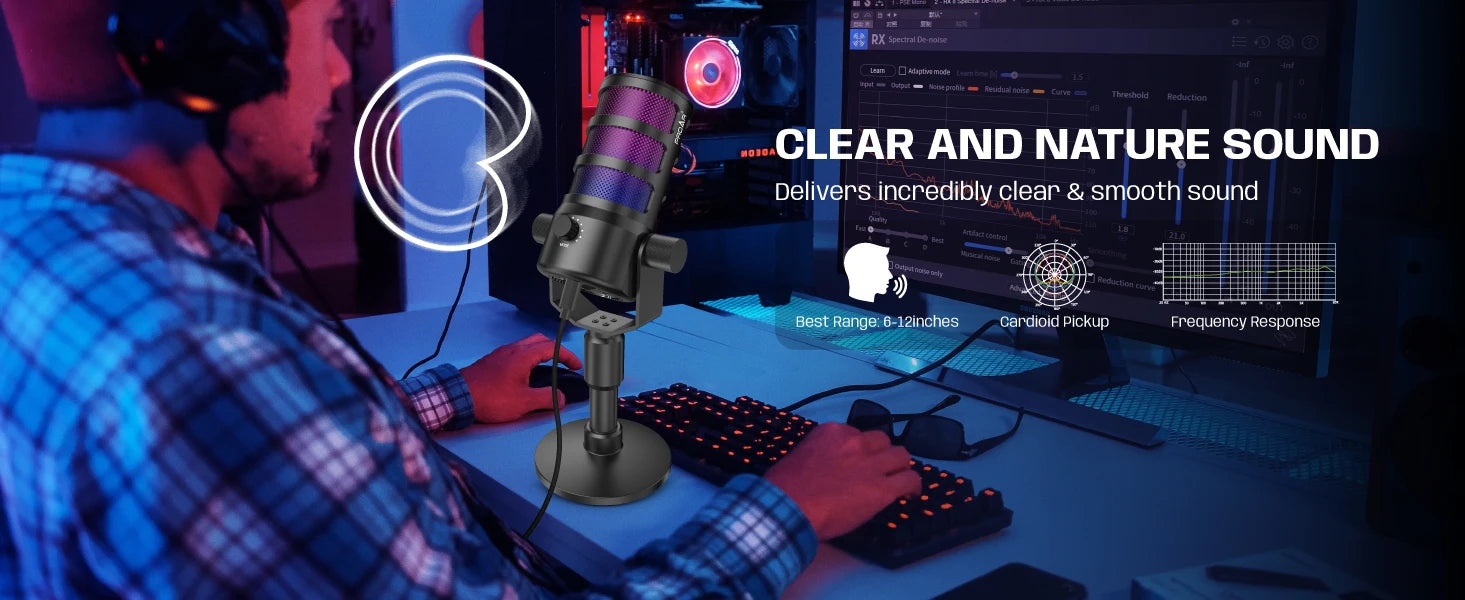 Pod Professional USB Desktop Condenser Gaming Microphone Touch Screen Ring Light Noise Canceling Portable Sound Card for Studio