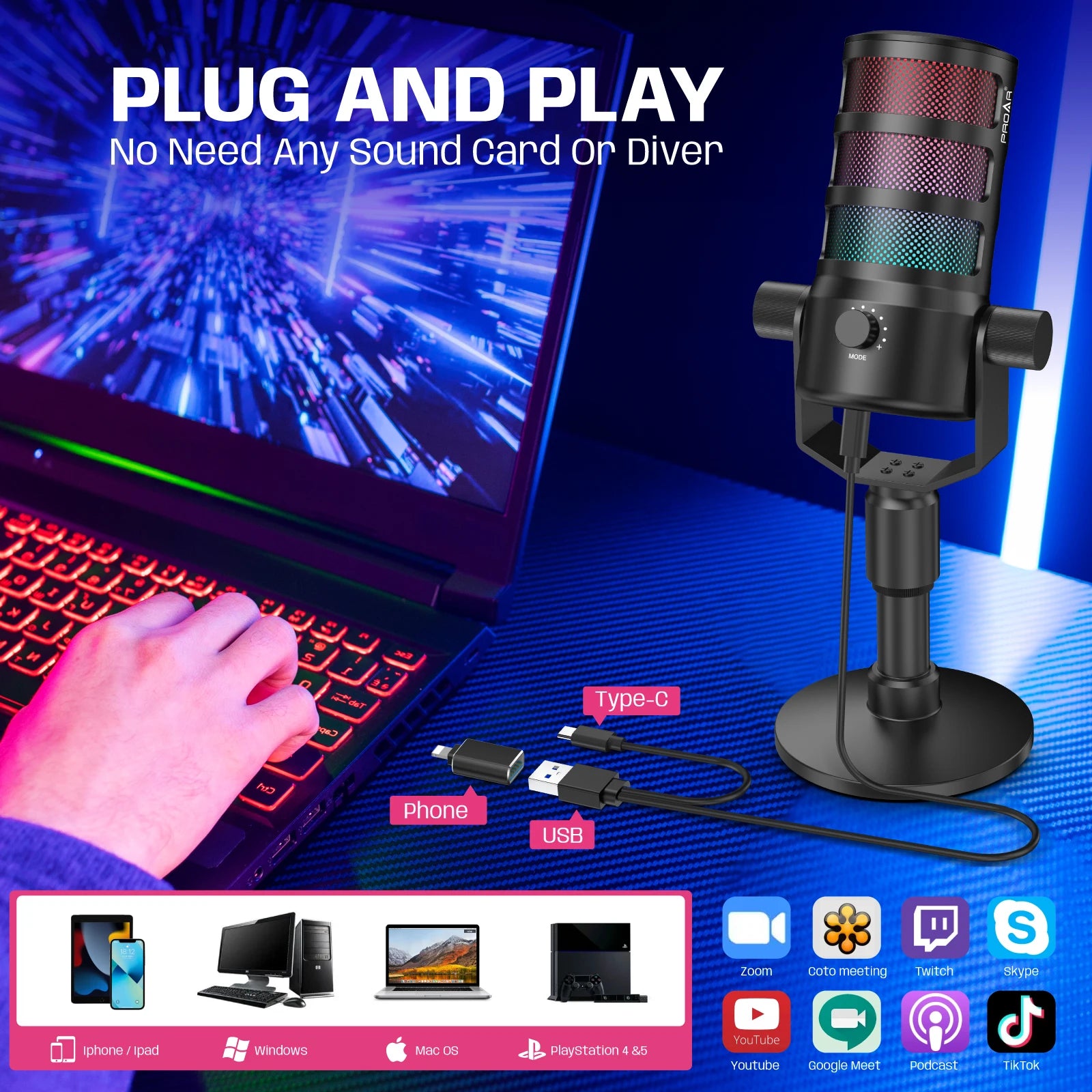 Pod Professional USB Desktop Condenser Gaming Microphone Touch Screen Ring Light Noise Canceling Portable Sound Card for Studio