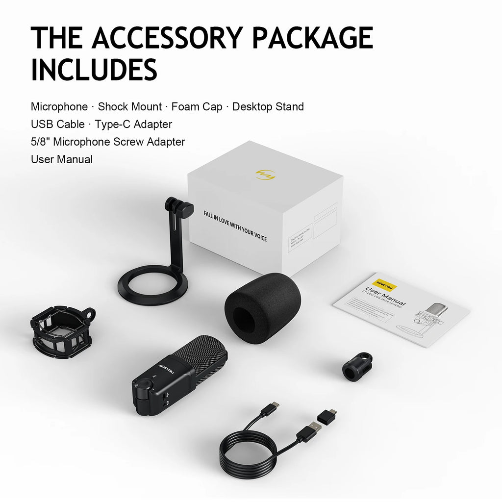 USB Microphone for Computer, Condenser Cardioid Desktop Mic Plug & Play with Mic Gain, Mute Button and Headphone Port,