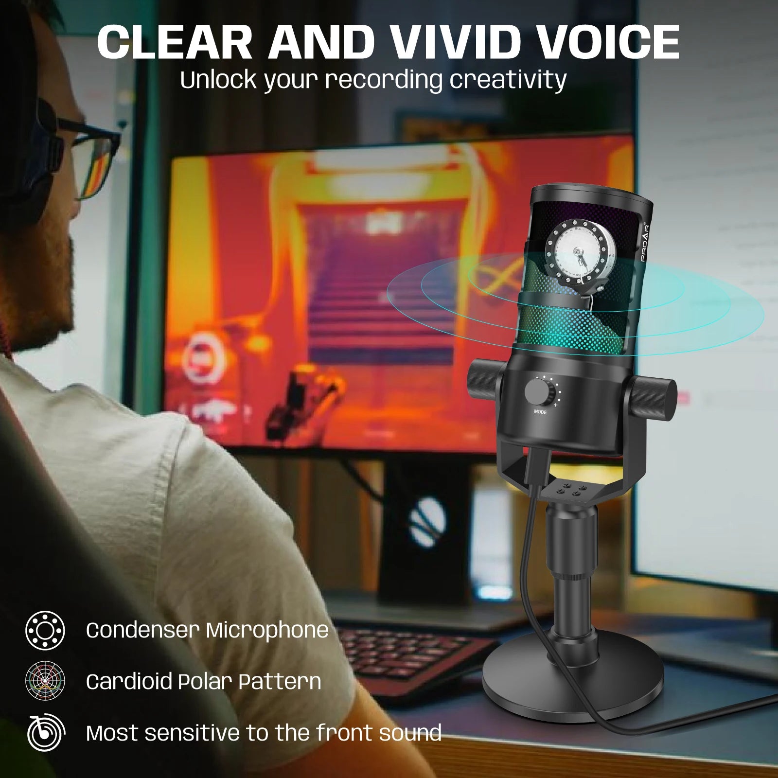 Pod Professional USB Desktop Condenser Gaming Microphone Touch Screen Ring Light Noise Canceling Portable Sound Card for Studio