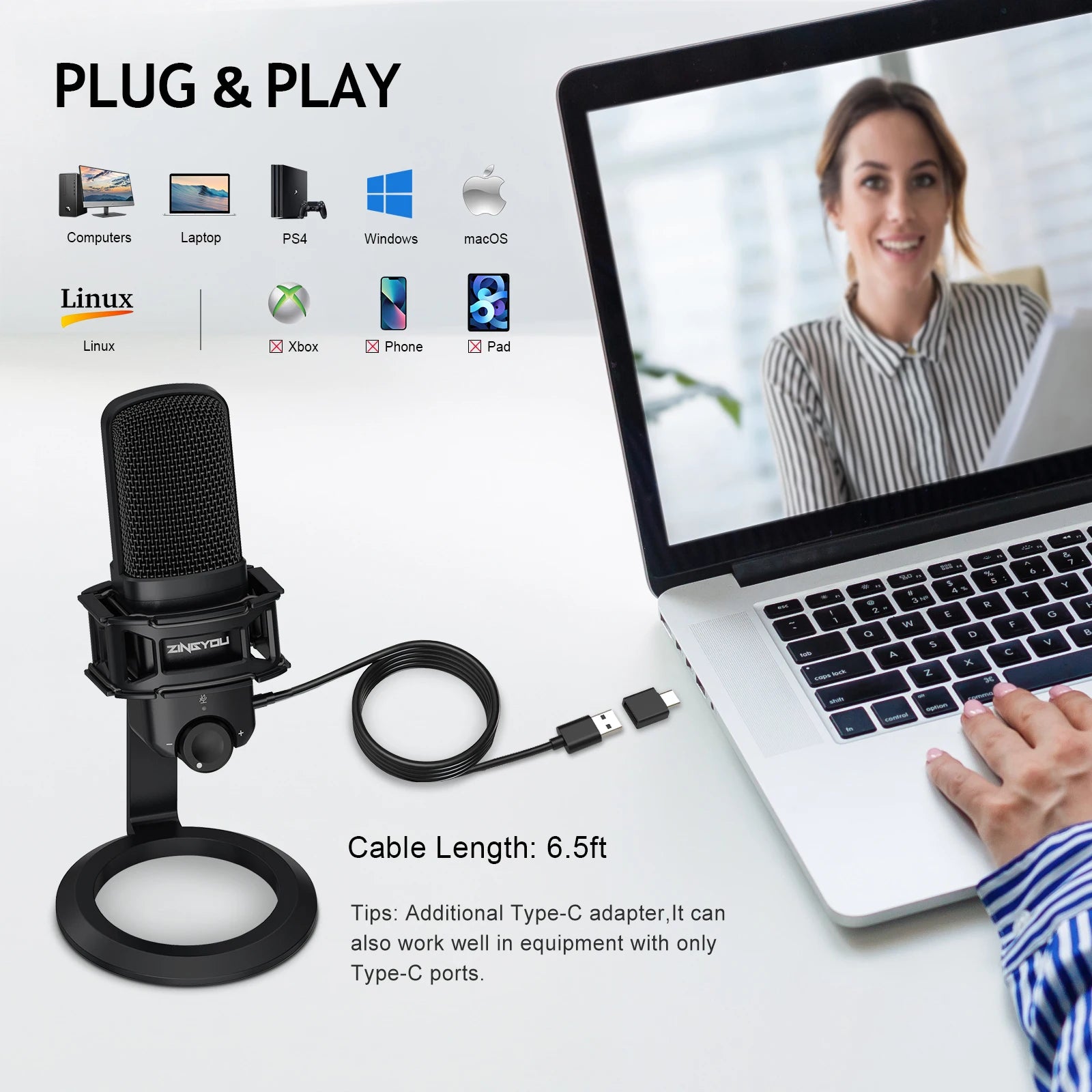 USB Microphone for Computer, Condenser Cardioid Desktop Mic Plug & Play with Mic Gain, Mute Button and Headphone Port,