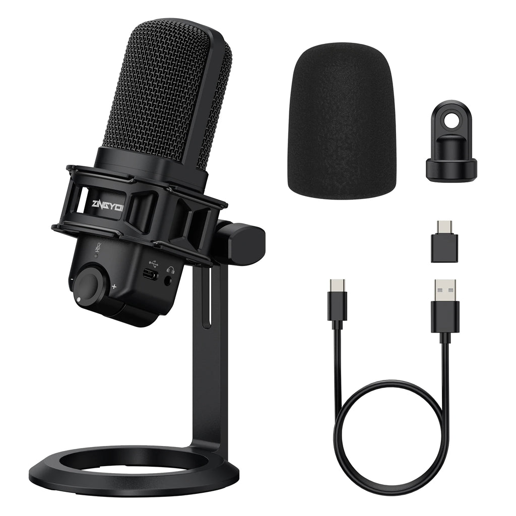 USB Microphone for Computer, Condenser Cardioid Desktop Mic Plug & Play with Mic Gain, Mute Button and Headphone Port,