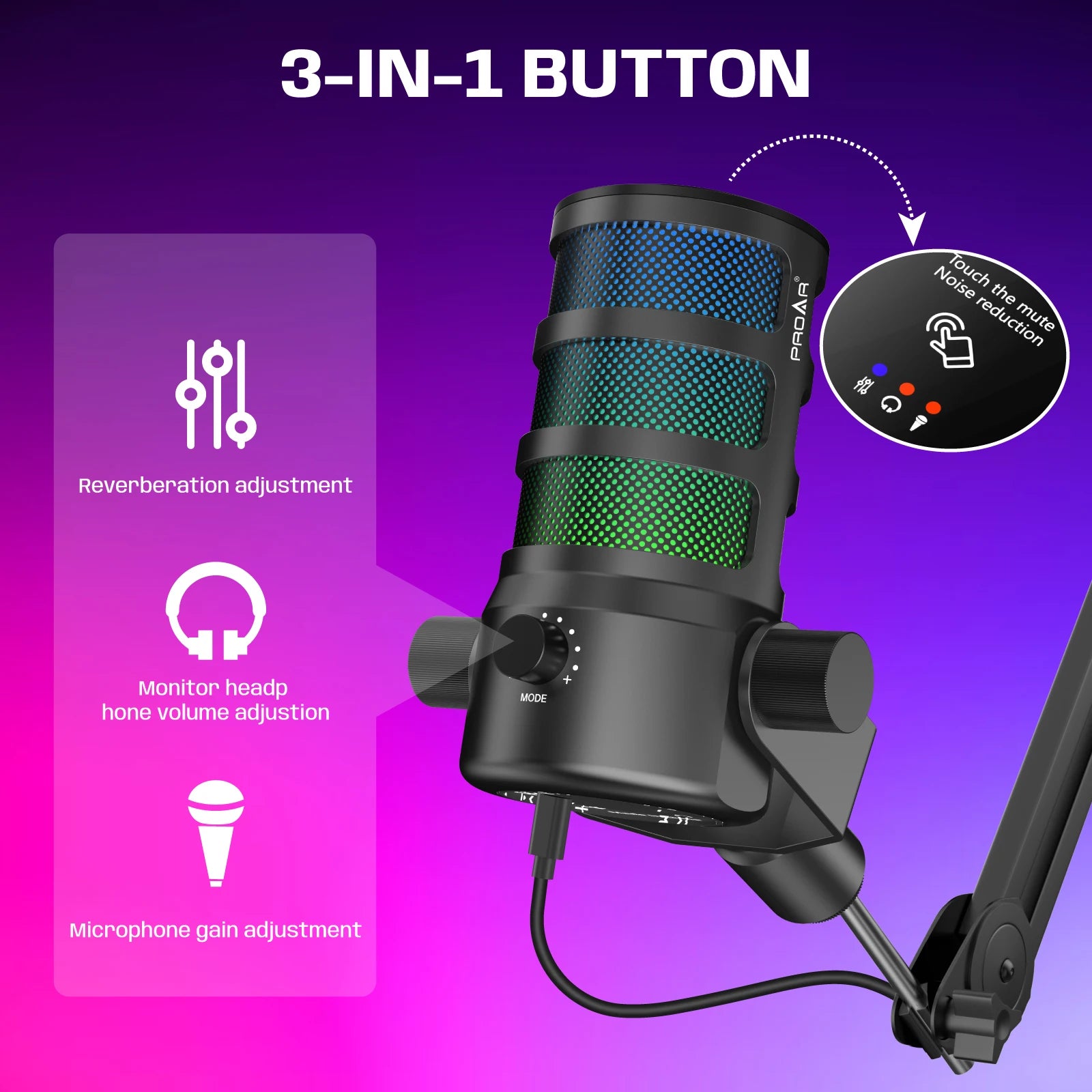 Pod Professional USB Desktop Condenser Gaming Microphone Touch Screen Ring Light Noise Canceling Portable Sound Card for Studio