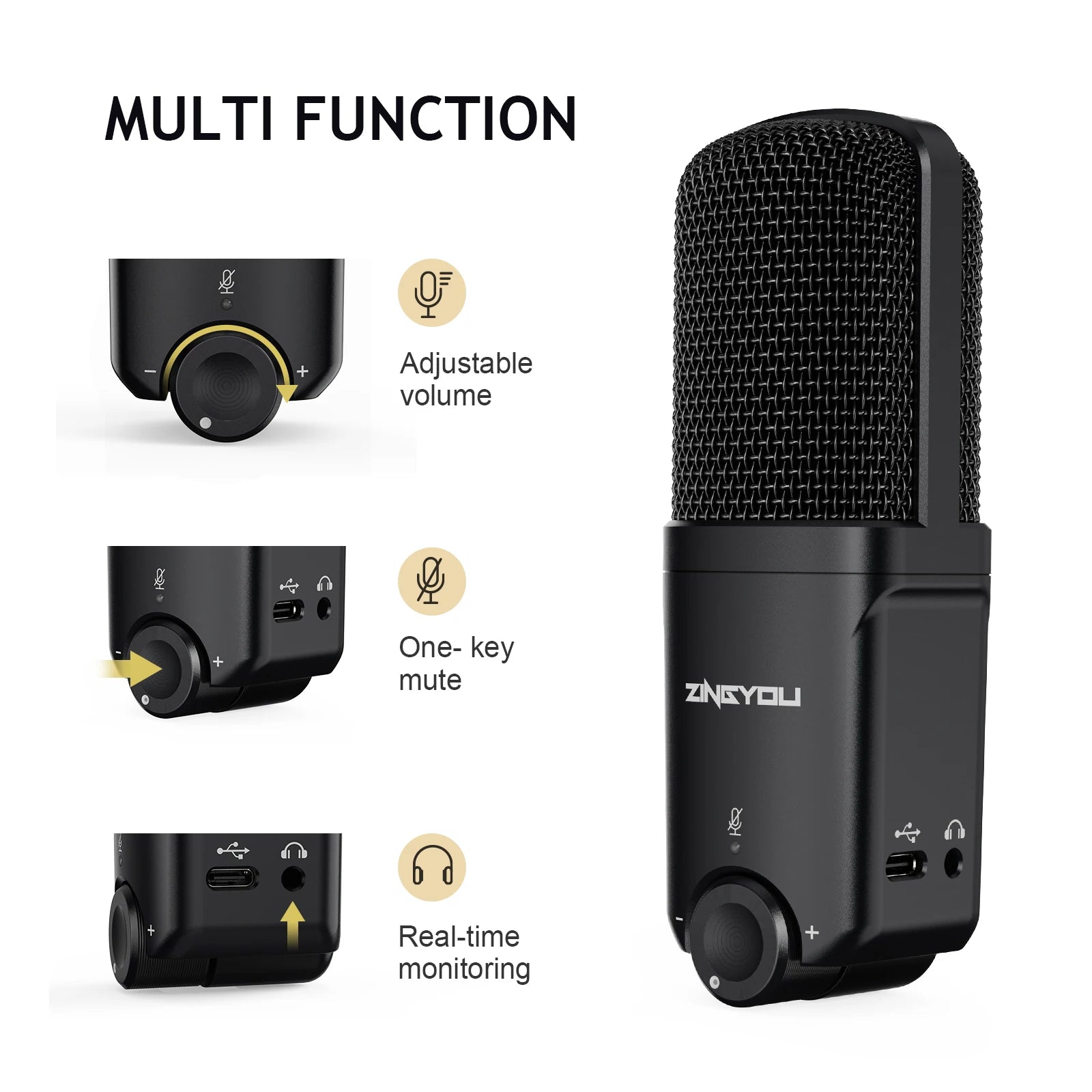 USB Microphone for Computer, Condenser Cardioid Desktop Mic Plug & Play with Mic Gain, Mute Button and Headphone Port,