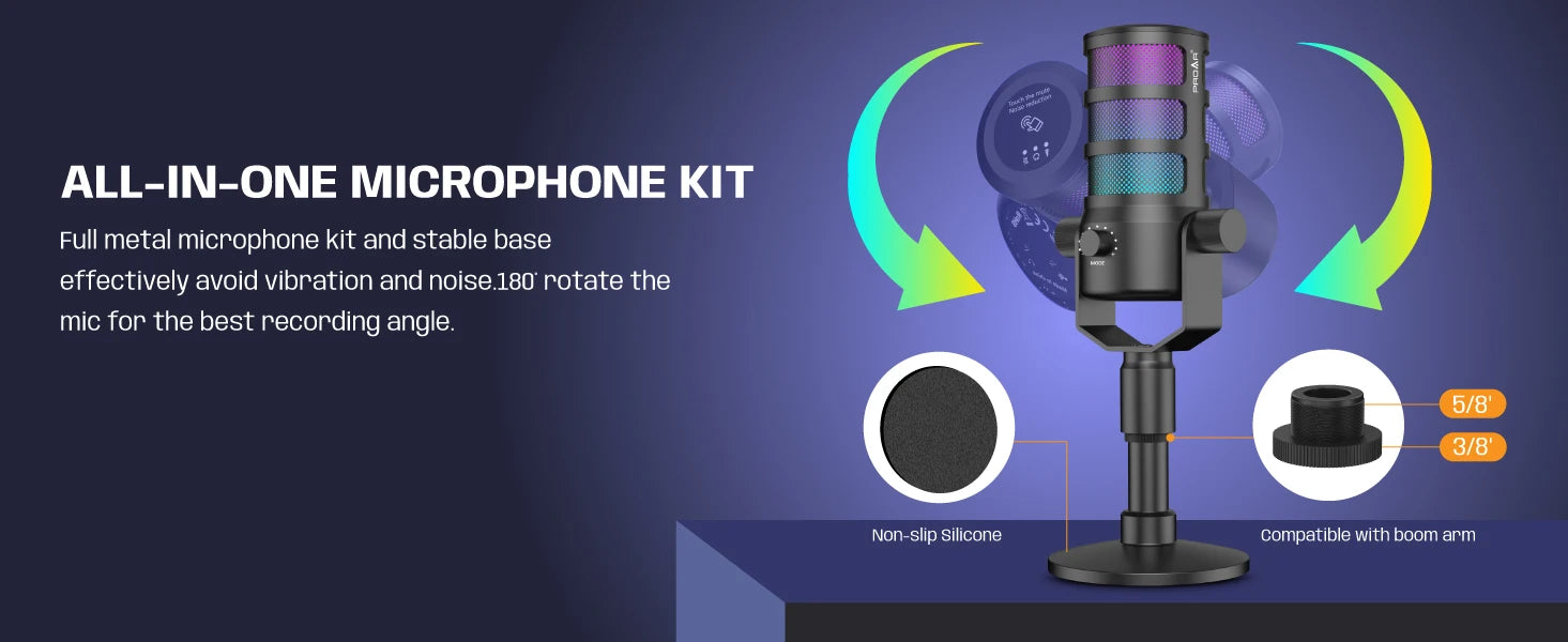 Pod Professional USB Desktop Condenser Gaming Microphone Touch Screen Ring Light Noise Canceling Portable Sound Card for Studio