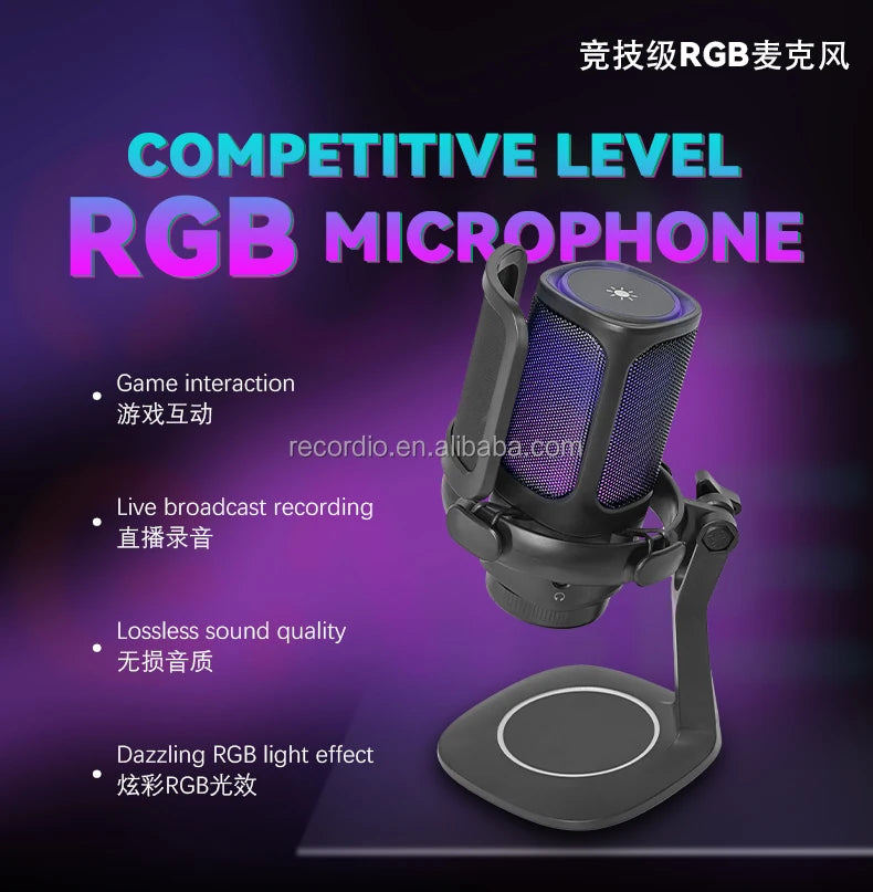 Gaming Microphone USB PC Mic for Podcasts Videos Condenser Mic with Quick Mute Stand Pop Filter RGB Indicator Shock Mount