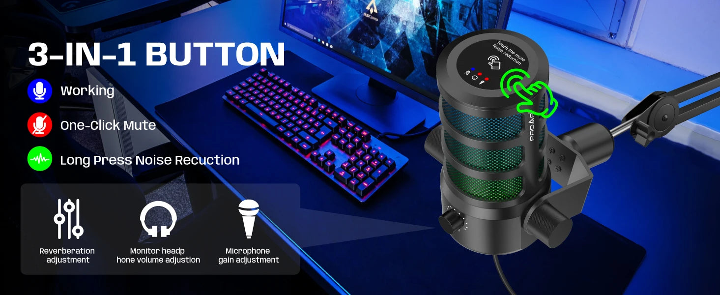 Pod Professional USB Desktop Condenser Gaming Microphone Touch Screen Ring Light Noise Canceling Portable Sound Card for Studio