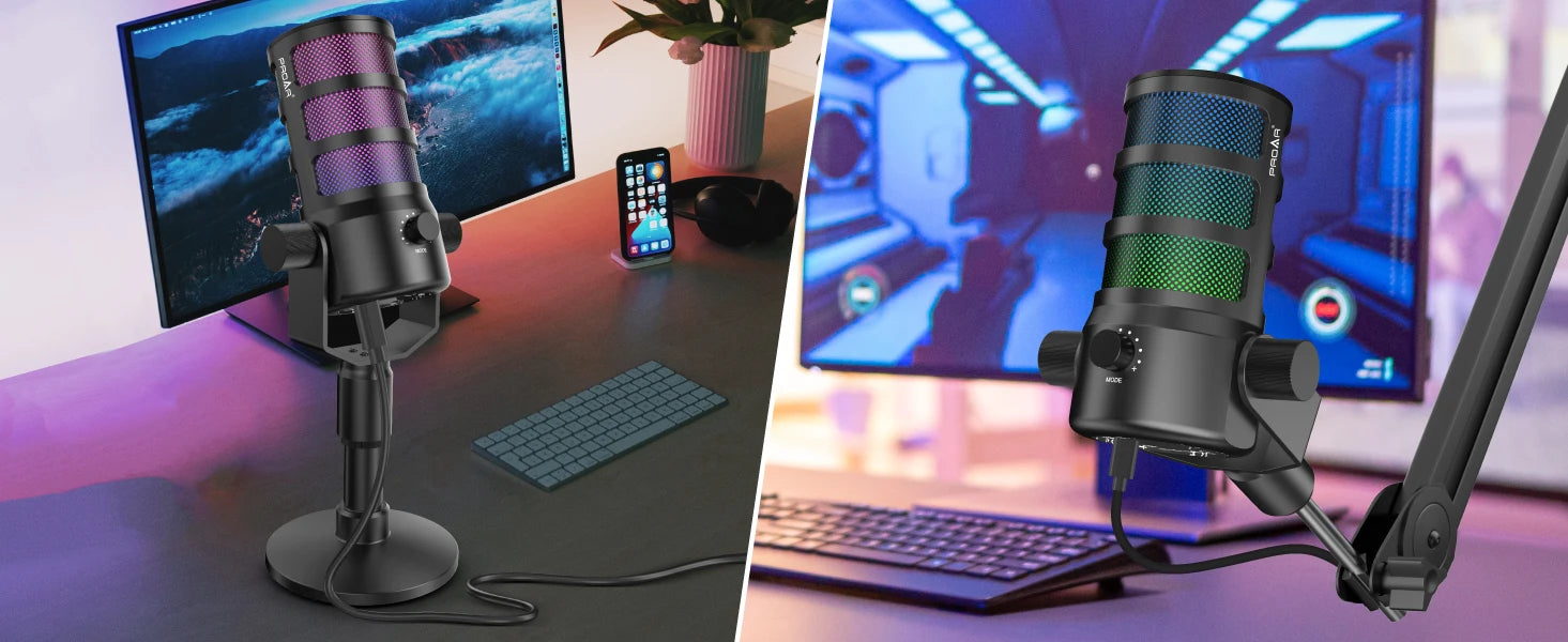 Pod Professional USB Desktop Condenser Gaming Microphone Touch Screen Ring Light Noise Canceling Portable Sound Card for Studio