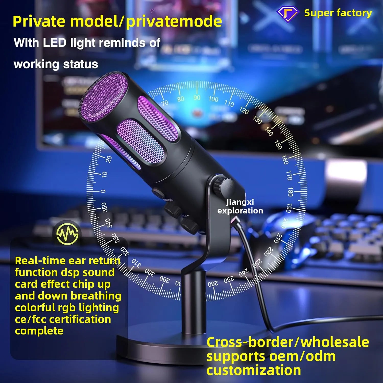 RGB Gaming USB Desktop Dynamic Microphone Wired Cross-Border for PC & Mobile Phones Compatible with Podcasts
