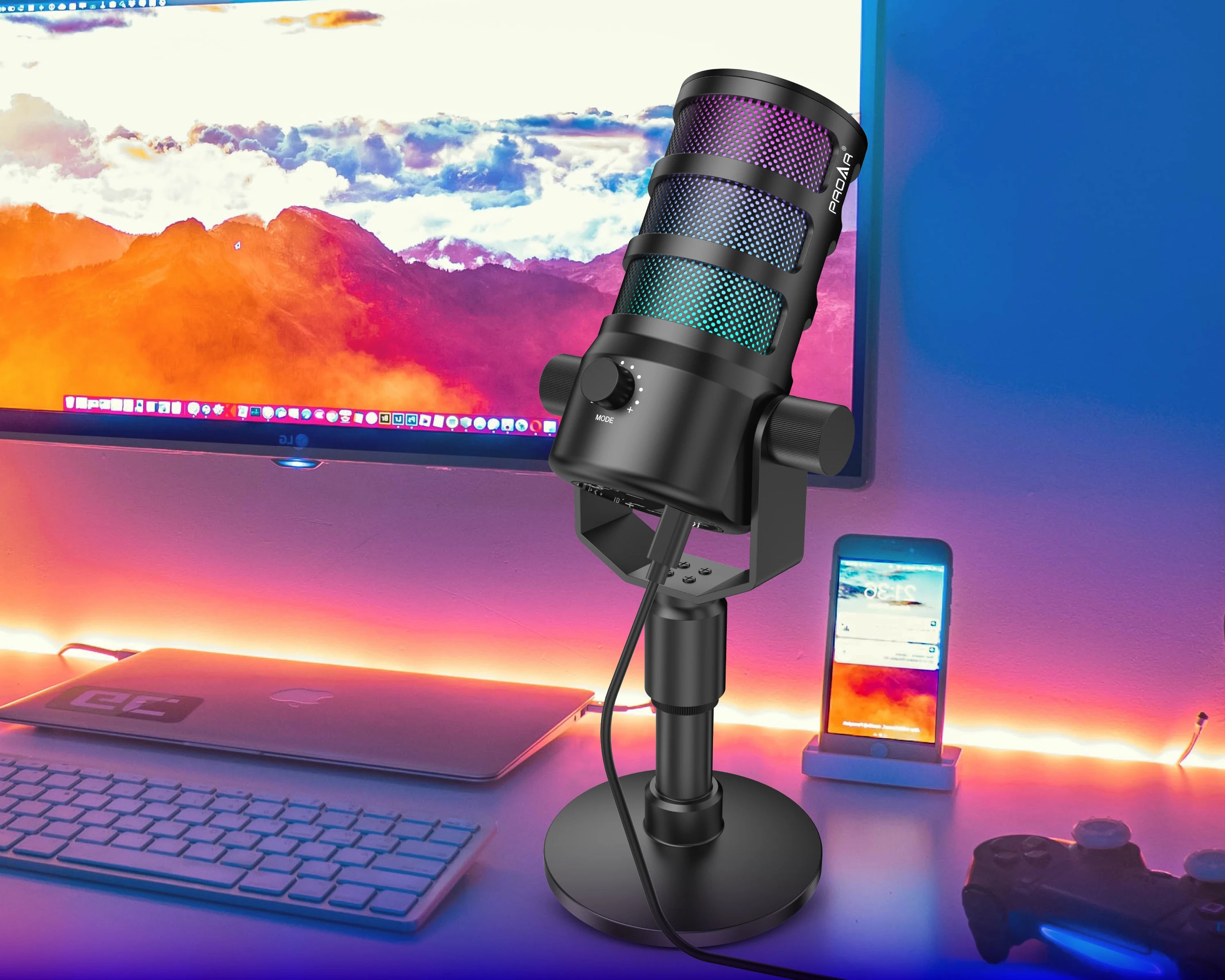 Pod Professional USB Desktop Condenser Gaming Microphone Touch Screen Ring Light Noise Canceling Portable Sound Card for Studio