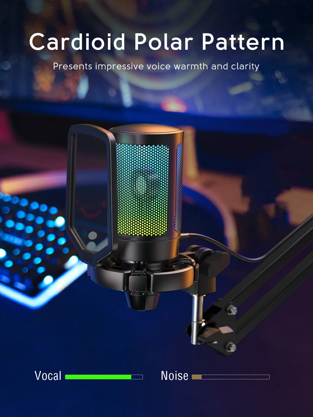 FIFINE Gaming USB Microphone Kit with Arm Stand for PC,PS4/5,Condenser Cardioid Mic Set with Touch Mute,RGB for Streaming -A6T