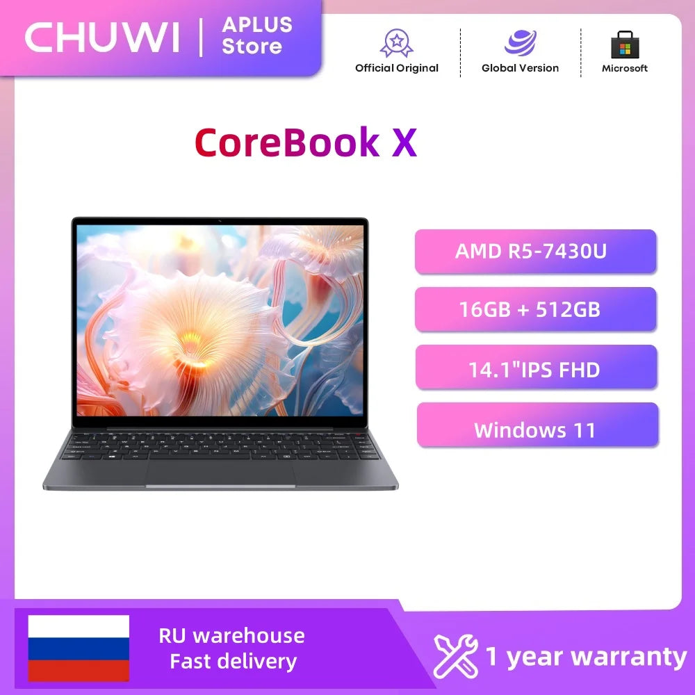 CHUWI CoreBook X Gaming Laptop 14.1 inch FHD IPS Screen AMD R5-7430U 16GB DDR4 RAM 512GB SSD Windows 11 Wifi6 Notebook Computer