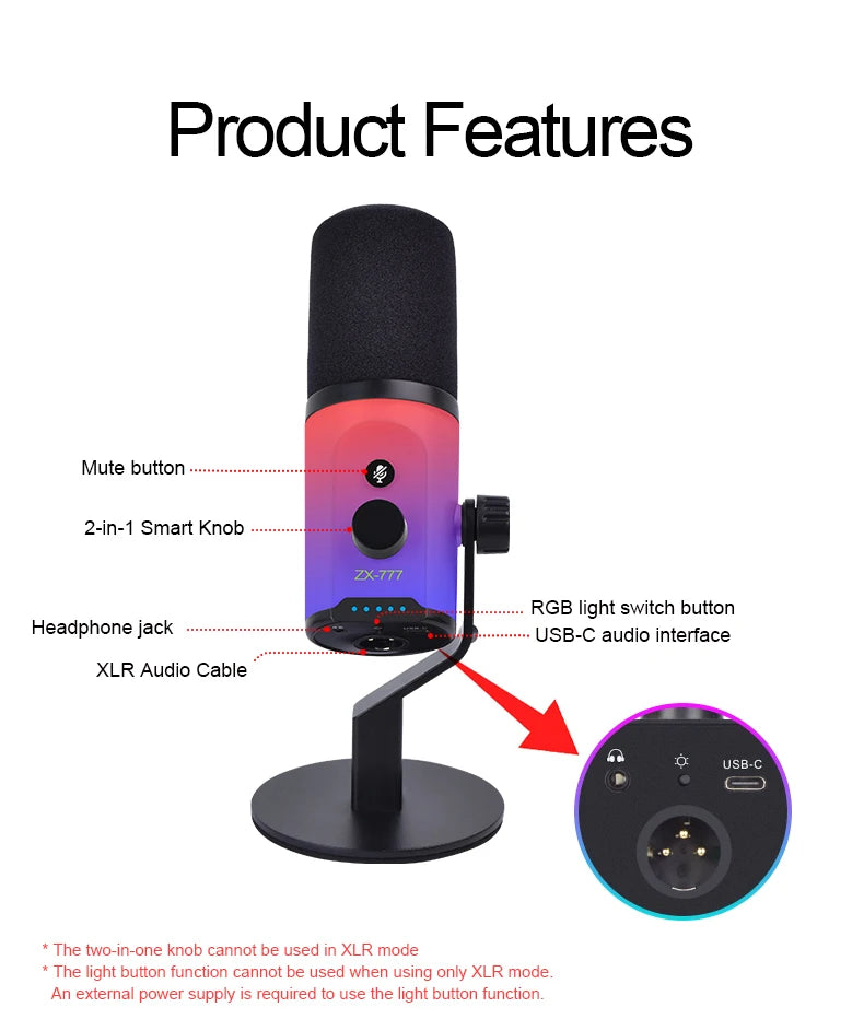 Convenient USB RGB dynamic microphone for live broadcast, podcast recording, game live broadcast XLR/USB dynamic microphone M1PR