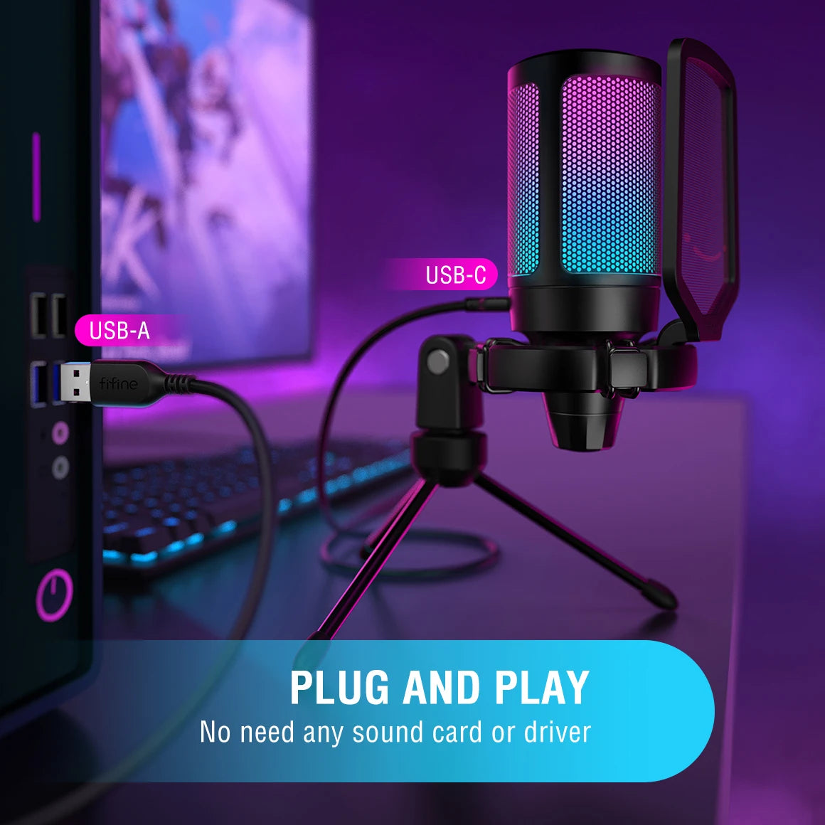 FIFINE Ampligame USB Microphone for Gaming Streaming with Pop Filter Shock Mount&Gain Control,Multi Compatible,for PC/PS4/5 -A6V