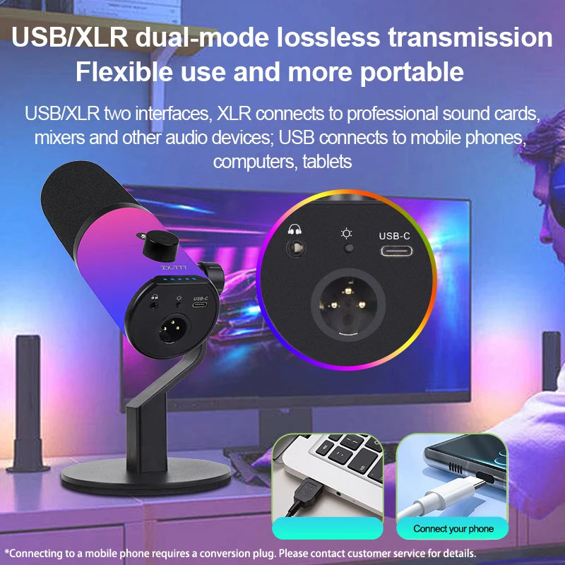 Convenient USB RGB dynamic microphone for live broadcast, podcast recording, game live broadcast XLR/USB dynamic microphone M1PR