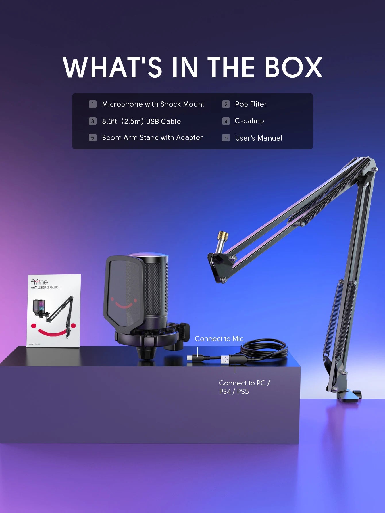 FIFINE Gaming USB Microphone Kit with Arm Stand for PC,PS4/5,Condenser Cardioid Mic Set with Touch Mute,RGB for Streaming -A6T