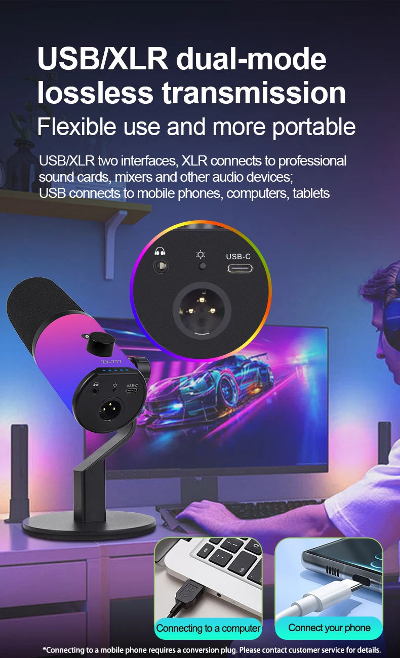 Convenient USB RGB dynamic microphone for live broadcast, podcast recording, game live broadcast XLR/USB dynamic microphone M1PR