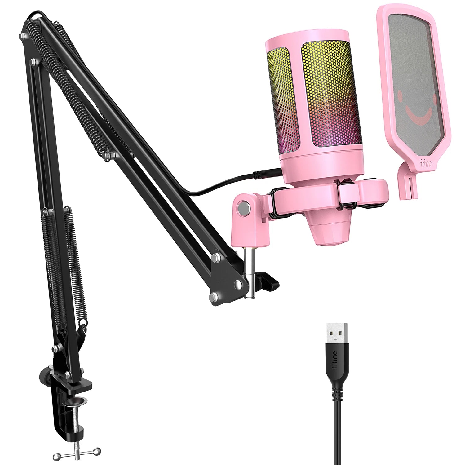 FIFINE Gaming USB Microphone Kit with Arm Stand for PC,PS4/5,Condenser Cardioid Mic Set with Touch Mute,RGB for Streaming -A6T