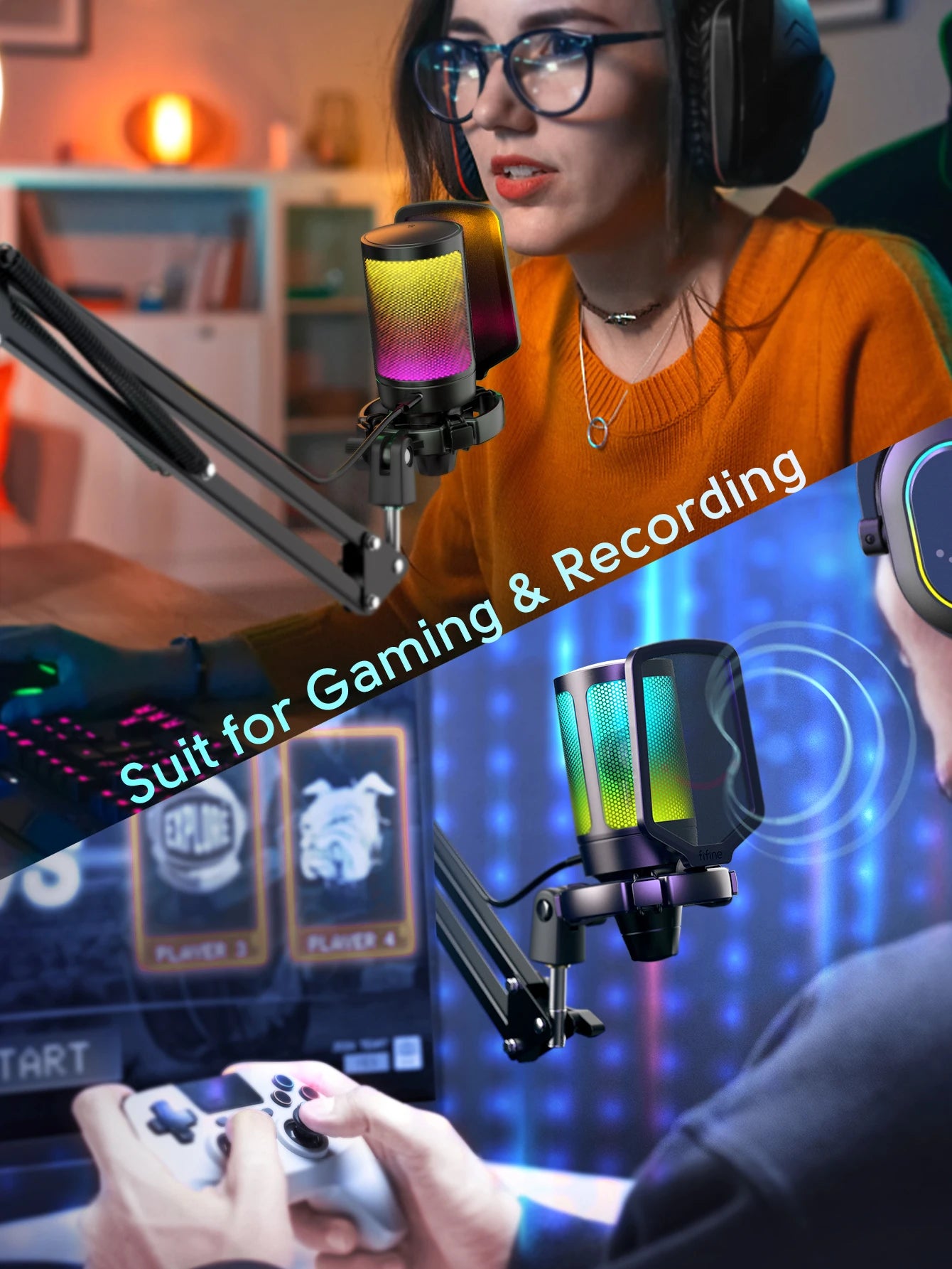 FIFINE Gaming USB Microphone Kit with Arm Stand for PC,PS4/5,Condenser Cardioid Mic Set with Touch Mute,RGB for Streaming -A6T