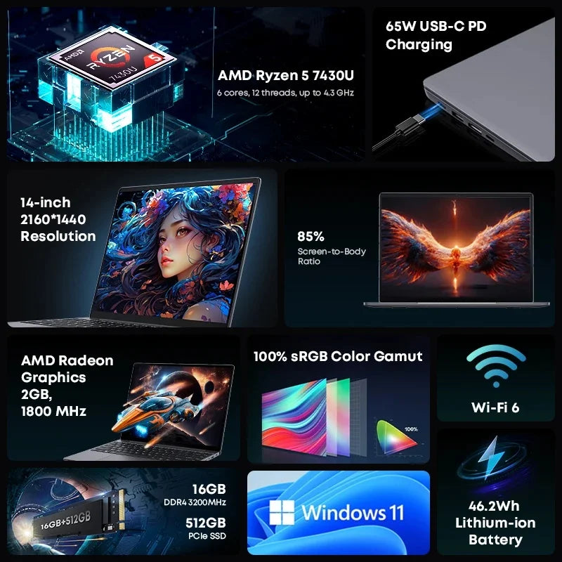 CHUWI CoreBook X Gaming Laptop 14.1 inch FHD IPS Screen AMD R5-7430U 16GB DDR4 RAM 512GB SSD Windows 11 Wifi6 Notebook Computer