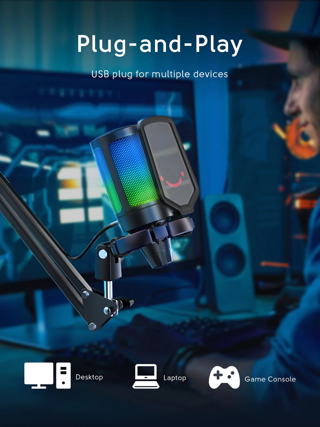FIFINE Gaming USB Microphone Kit with Arm Stand for PC,PS4/5,Condenser Cardioid Mic Set with Touch Mute,RGB for Streaming -A6T
