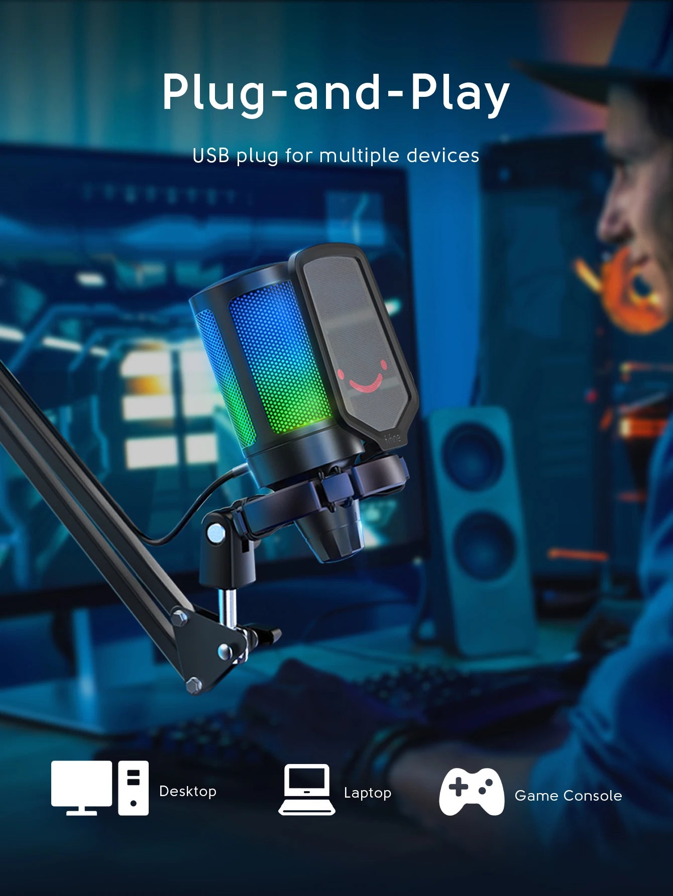 FIFINE Gaming USB Microphone Kit with Arm Stand for PC,PS4/5,Condenser Cardioid Mic Set with Touch Mute,RGB for Streaming -A6T