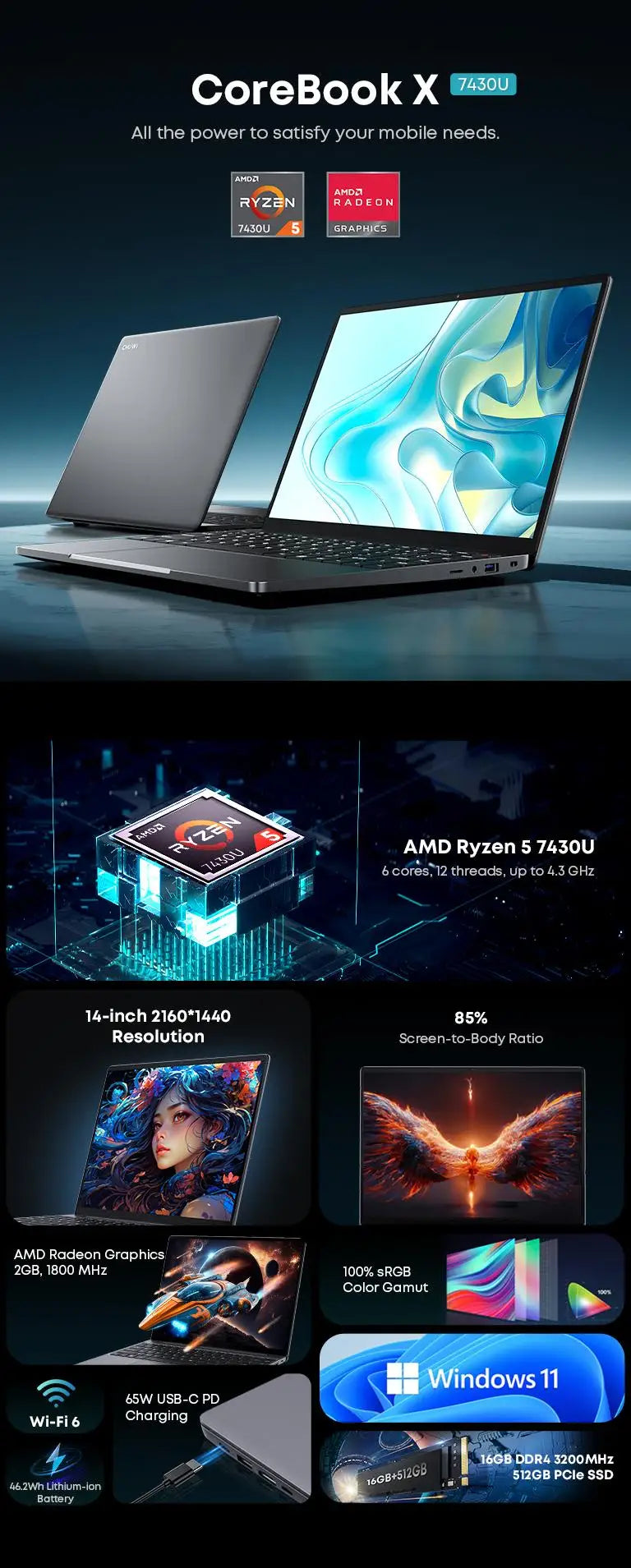 CHUWI CoreBook X Gaming Laptop 14.1 inch FHD IPS Screen AMD R5-7430U 16GB DDR4 RAM 512GB SSD Windows 11 Wifi6 Notebook Computer